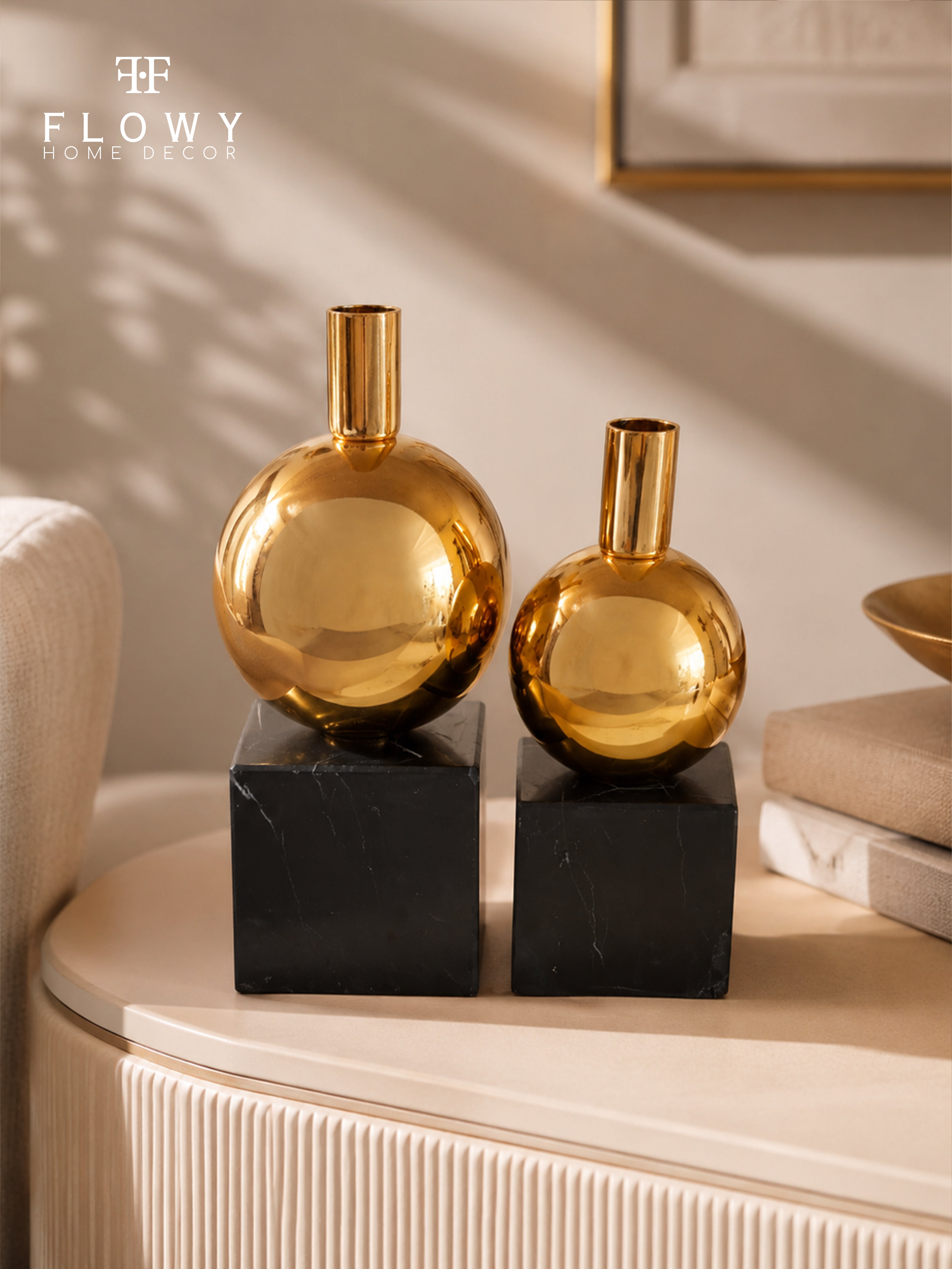 Gold Sphere Vases with Marble Base – Set of 2
