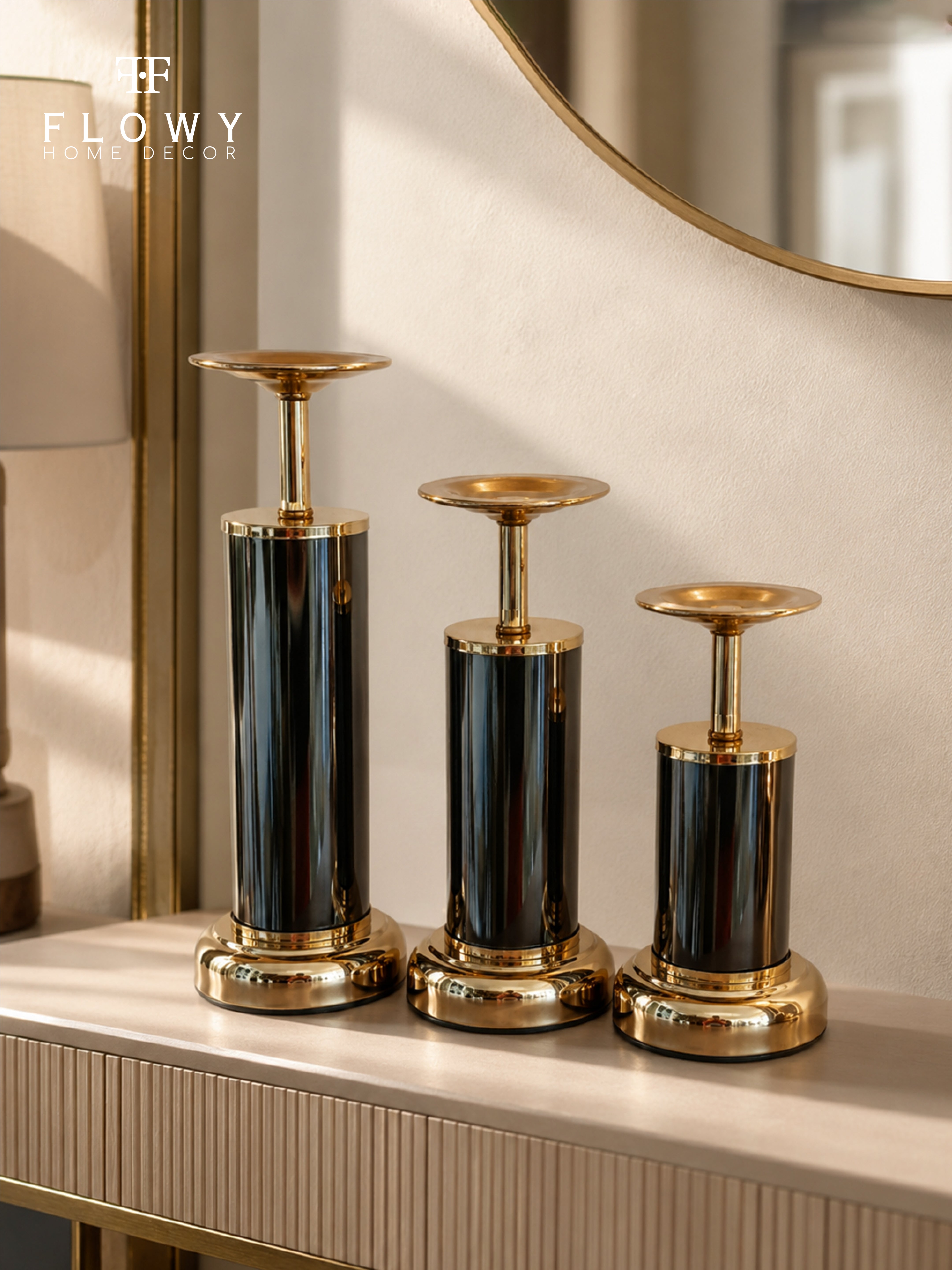 Black & Gold Pillar Candle Holders – Set of 3