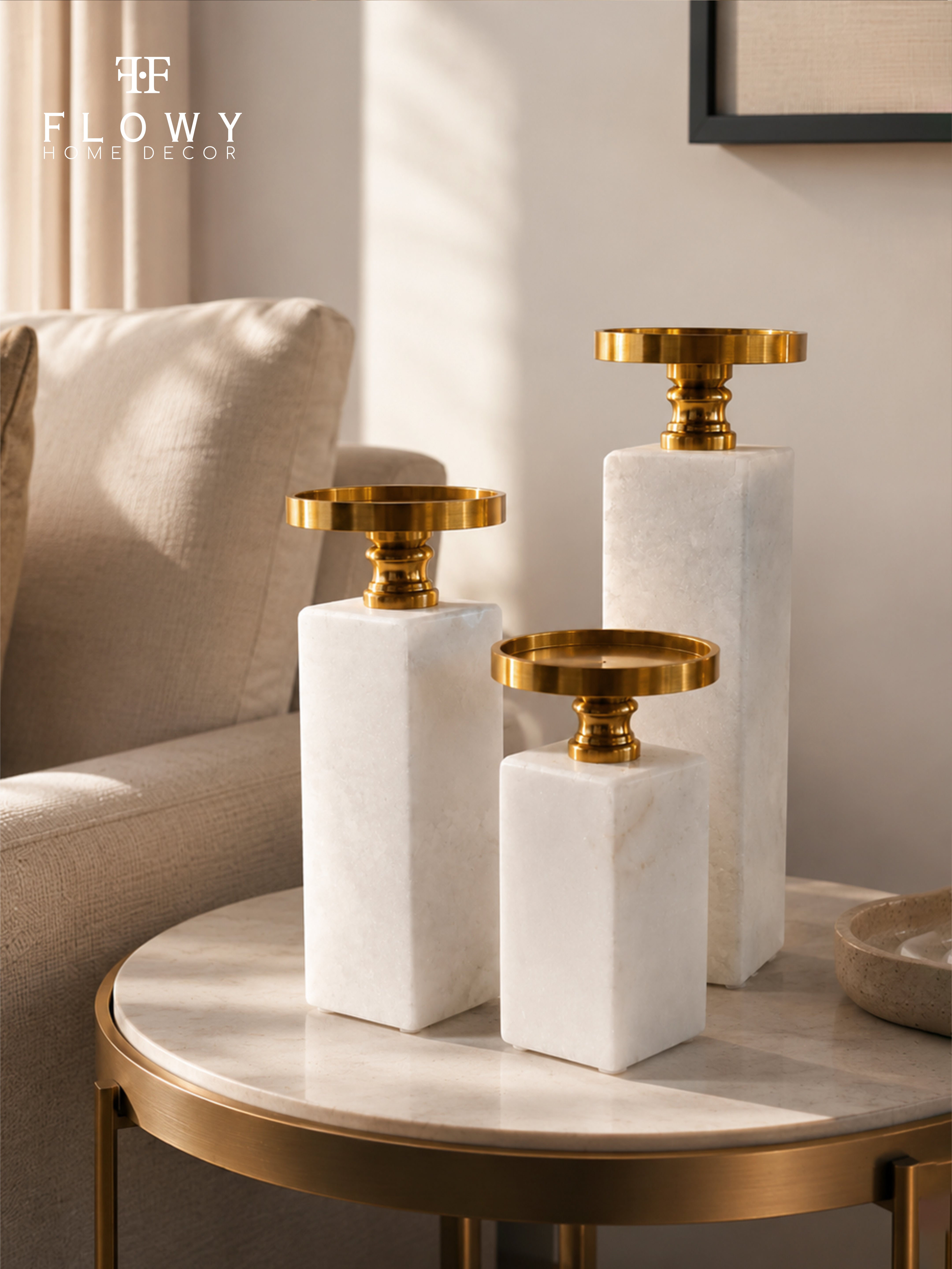 White Marble & Gold Candle Holders – Set of 3