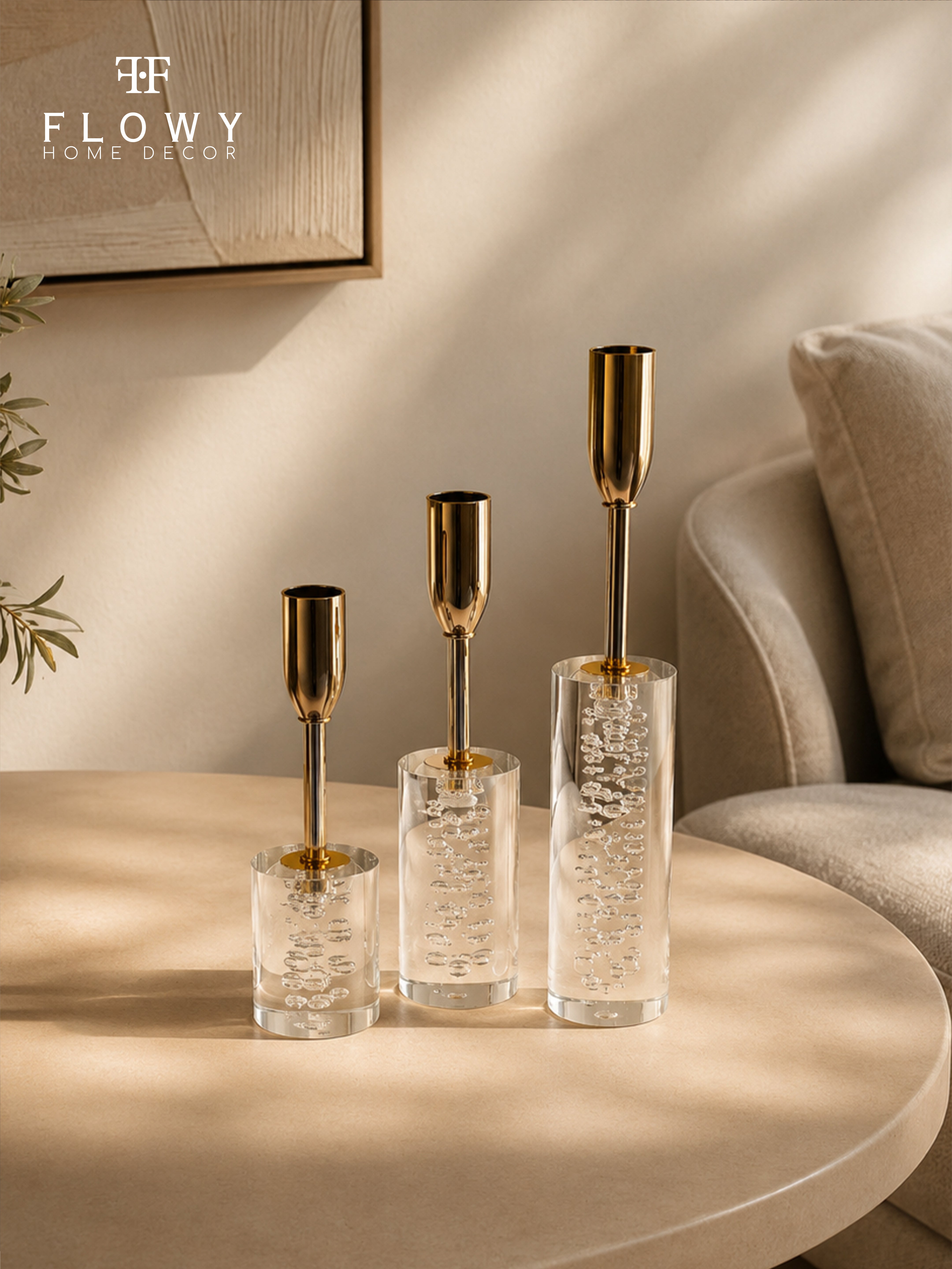Glass & Gold Candle Holders – Set of 3