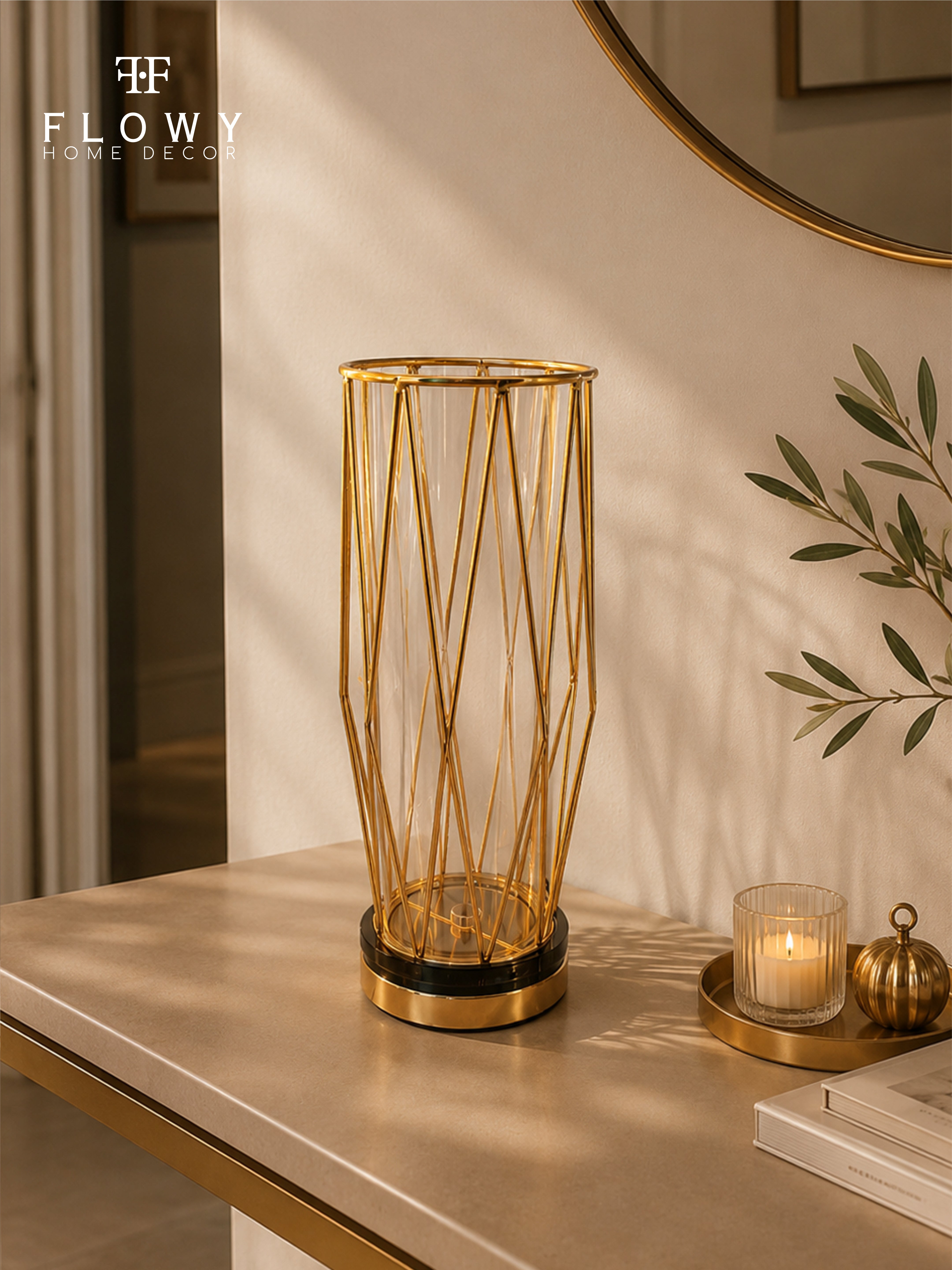 Gold Geometric Glass Lantern – Tall