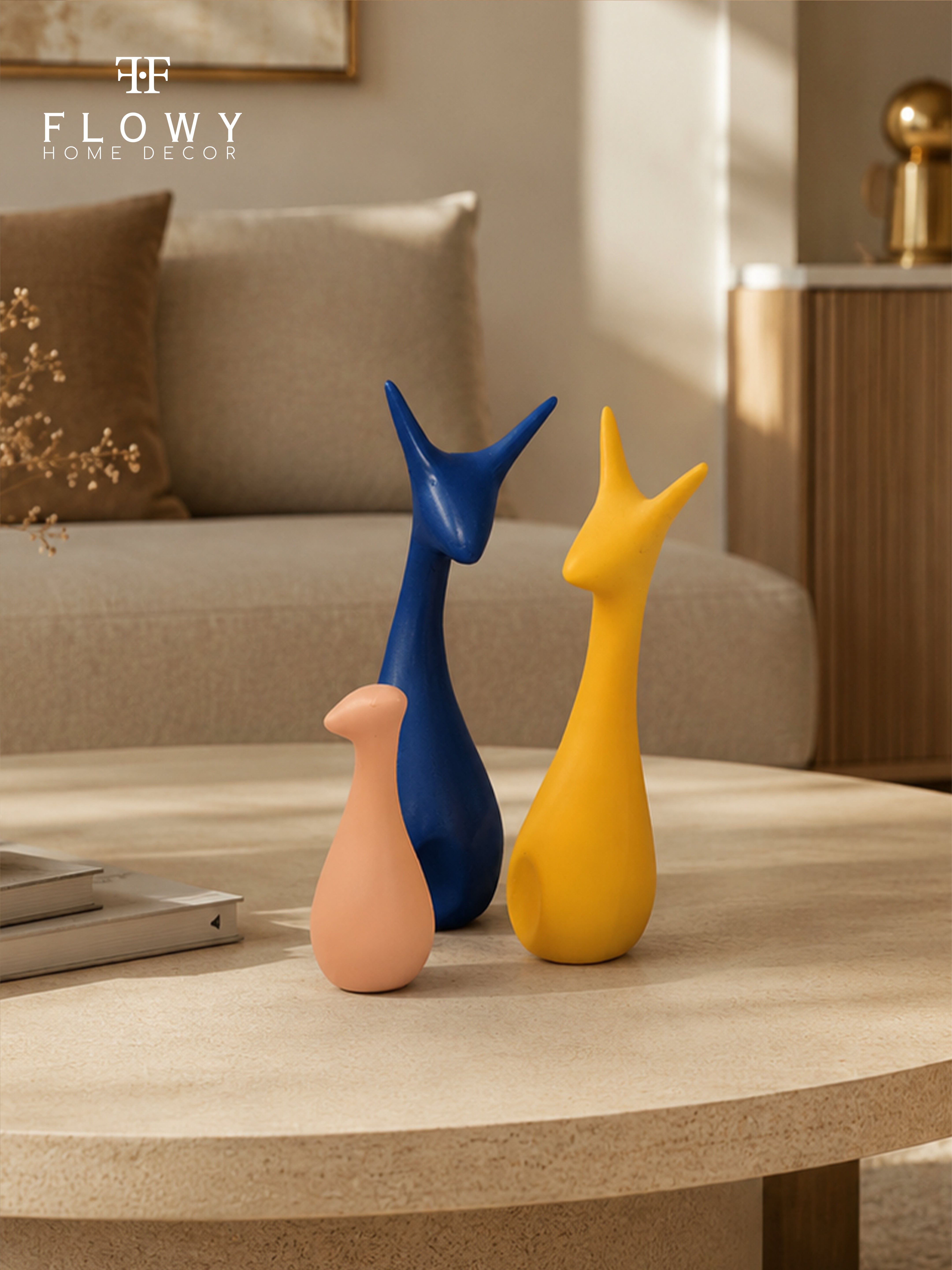 Abstract Trio Figurine Set – Blue, Yellow & Peach