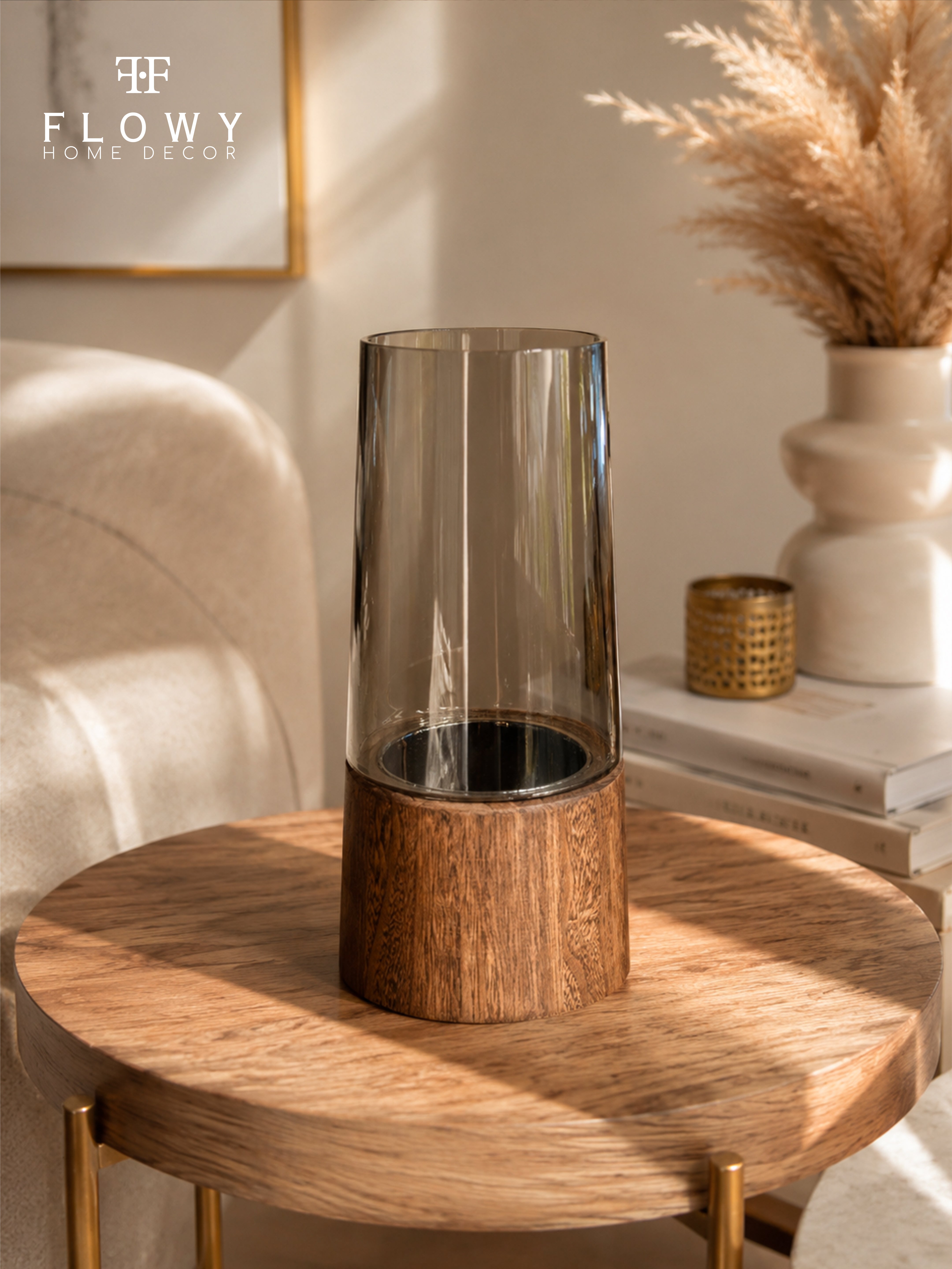 Glass Cylinder Vase with Wood Base – Smoked Clear